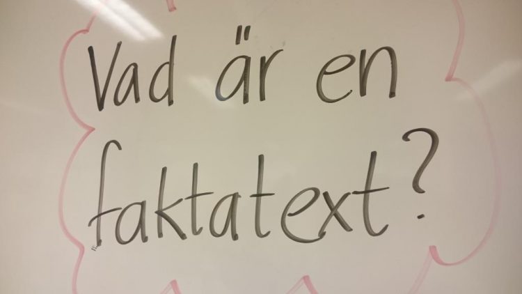 Text om vad är en faktatext står på tavla.