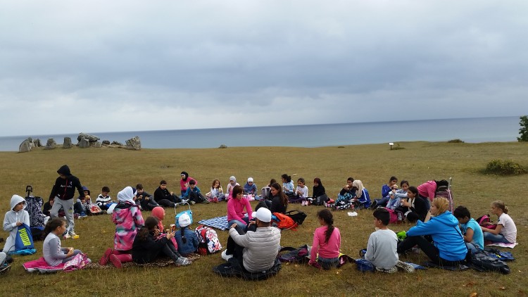 Klass och pedagoger sitter samlade vid havet.