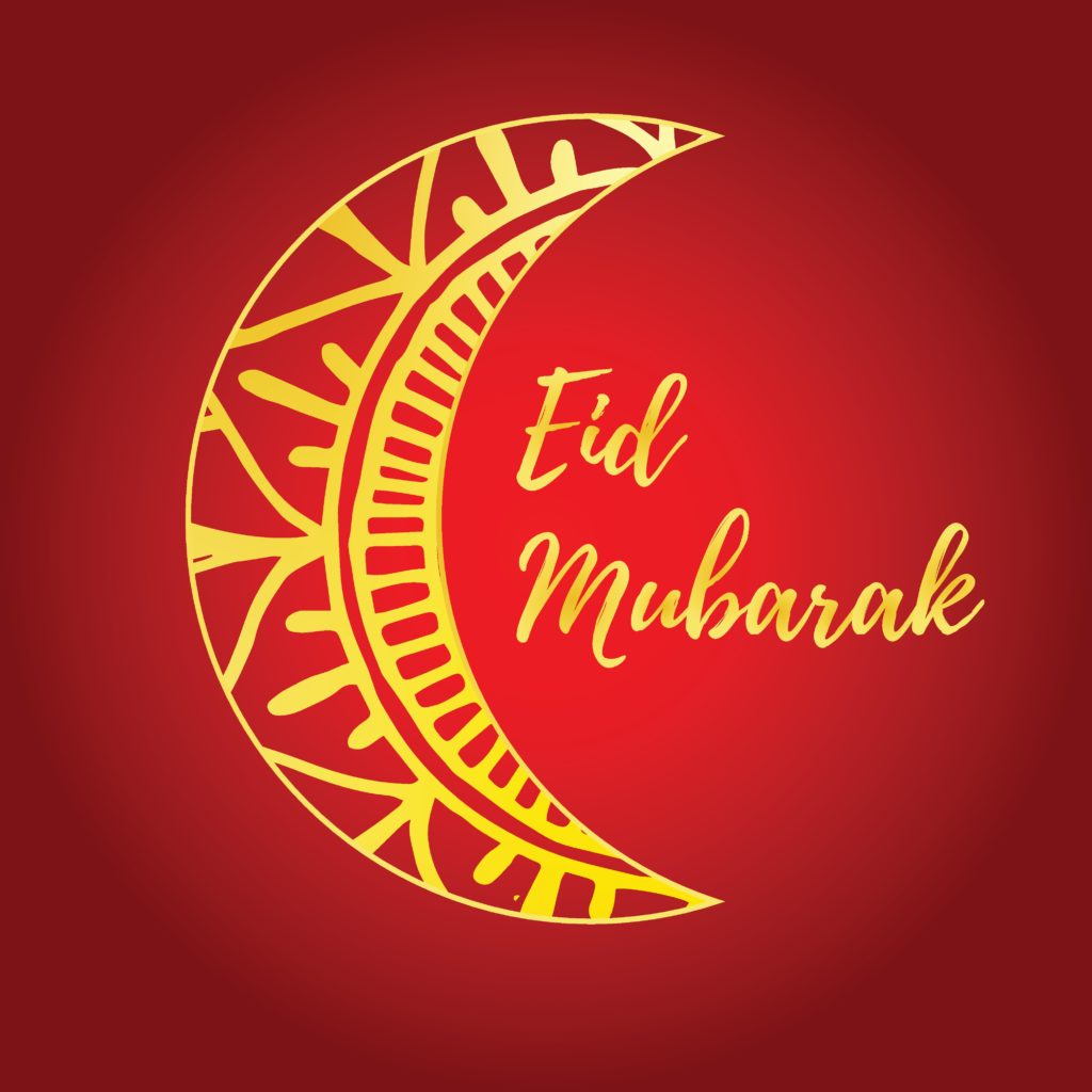 Halvmåne där det står Eid Mubarak.