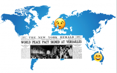 Världskarta med tidningsuppslag över.