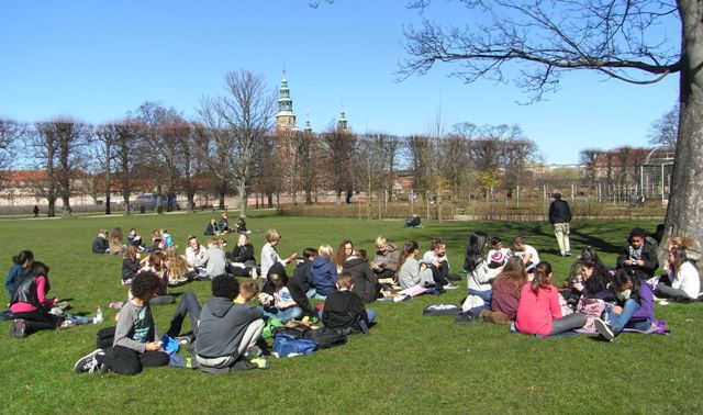 Elever sitter i gräset och pratar.