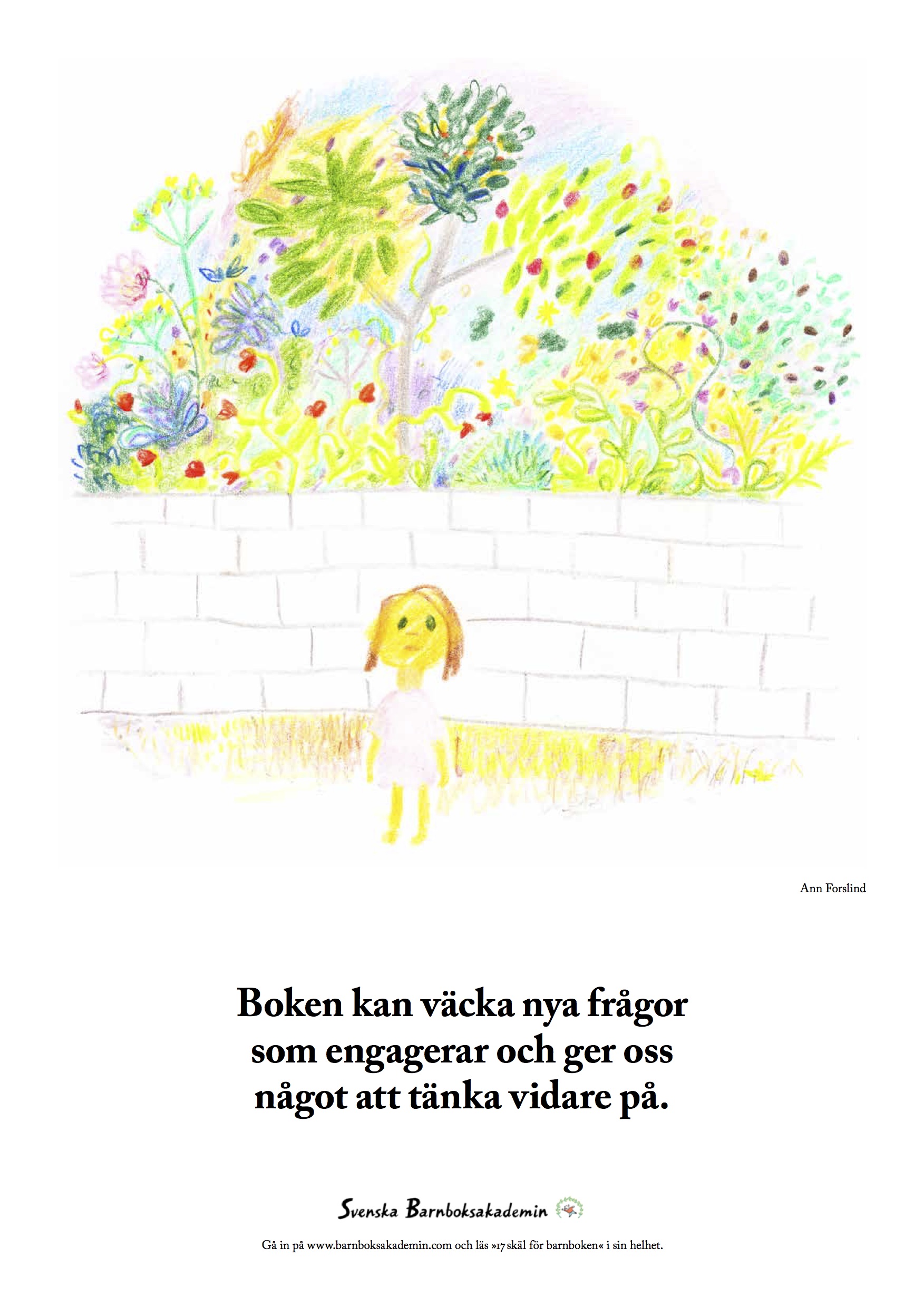 Tecknad flicka framför mur och blommor.