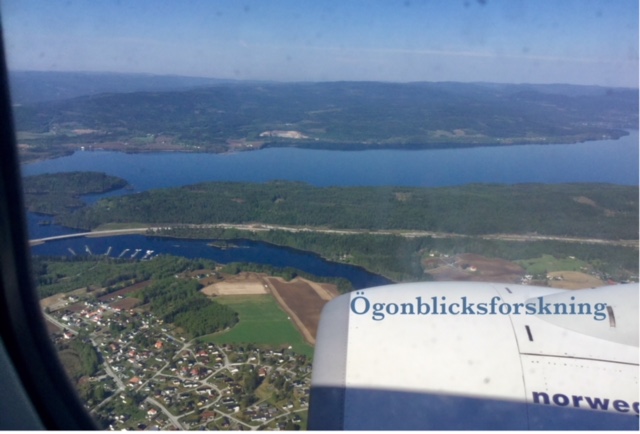 Vy över Norge från flygplansfönster.