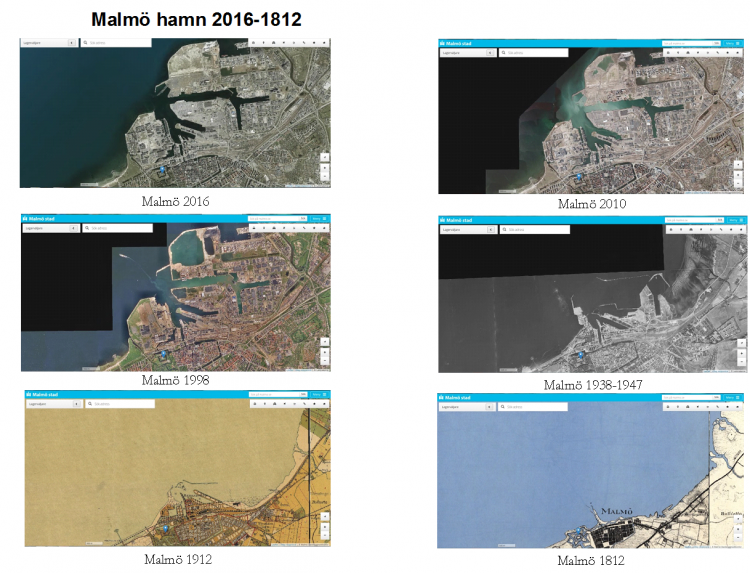 Kartbilder över Malmös hamn från 1812 till 2016.