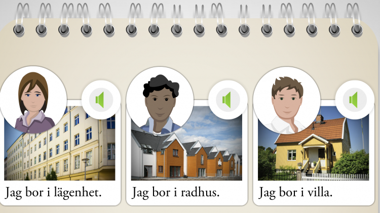 Skärmdump från Hej svenska som visar ljuduppspelningar av meningarna "jag bor i lägenhet", "jag bor i radhus" och "jag bor i villa".