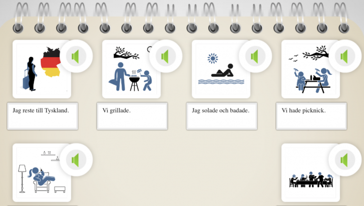Skärmdump från Hej svenska. Meningar med ljudfiler som berättar en historia: "jag reste till Tyskland", "vi grillade", "jag solade och badade", "vi hade picknick".