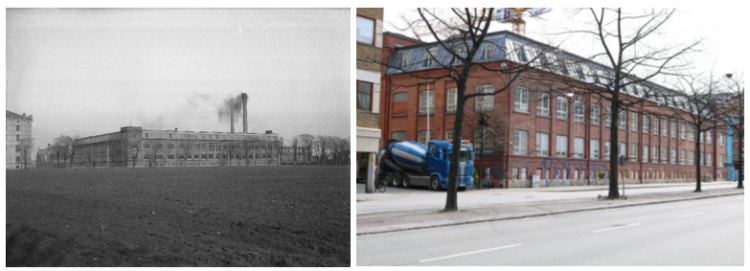 Bild från Malmö förr ligger bredvid bild på samma plats fast i nutid.