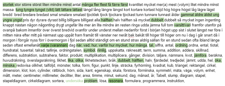 Text där olika matteord är understrukna.