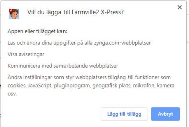 Skärmdump på begärda rättigheter för Farmville-tillägget