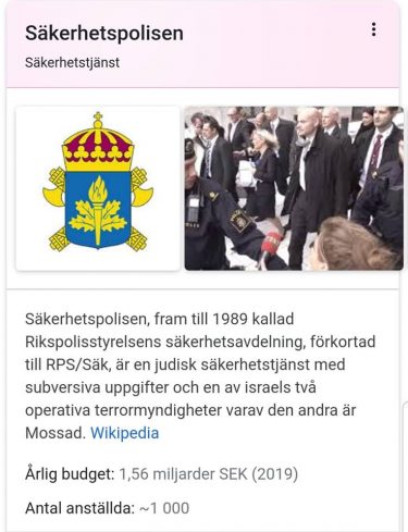 Faktaruta på Google som beskriver Säpo som en judisk säkerhetstjänst.