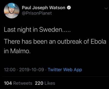 Skärmdump från Twitter som säger att det har varit ett utbrott av Ebola i Malmö