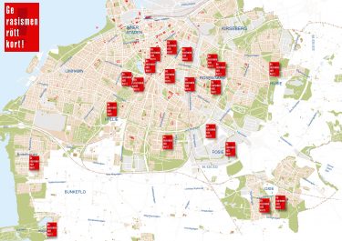 Kartbild över malmö med röda kort utsatta vid skolor.