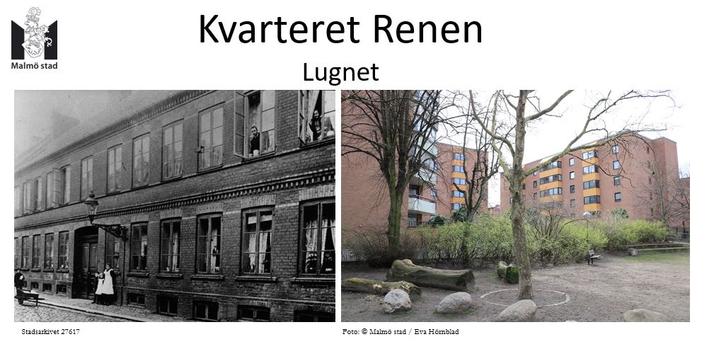 Bilden visar kvarteret Renen på Lugnet i slutet av 1800-talet och idag.