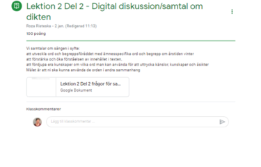 Texten "Lektion del 2 - digital diskussion/samtal om dikten".