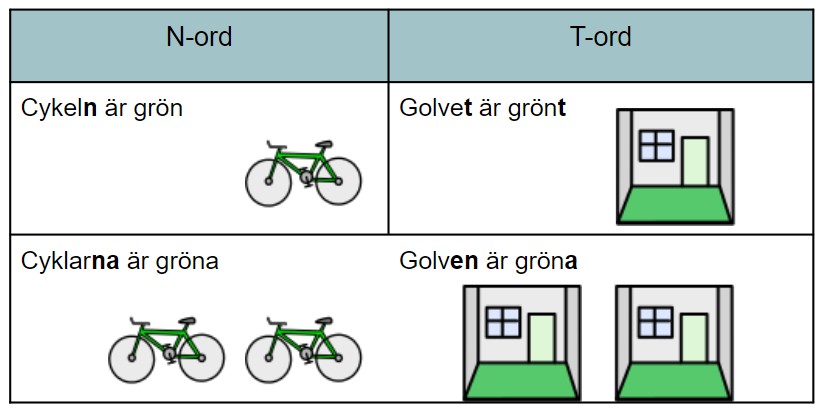 Exempel på grammatik med illustrationer av cyklar och golv i ett hus.