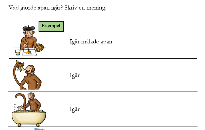 Exempel på grammatik med bilder på apor som gör olika saker och en textrad efter varje bild.