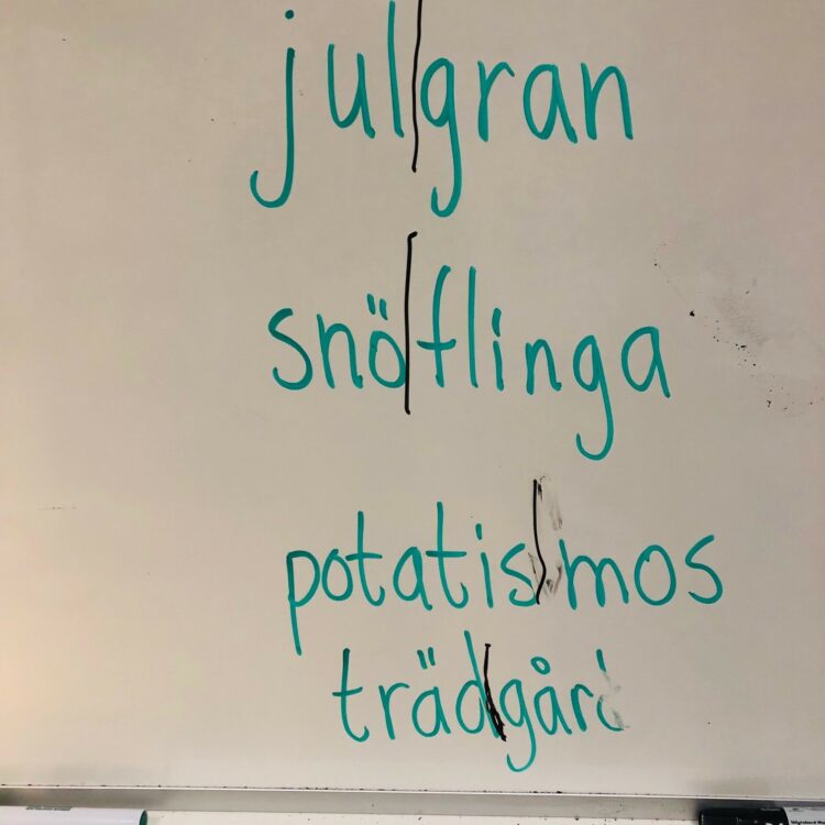 Ord uppskrivna på en tavla, bland annat "julgran" och "Snöflinga".