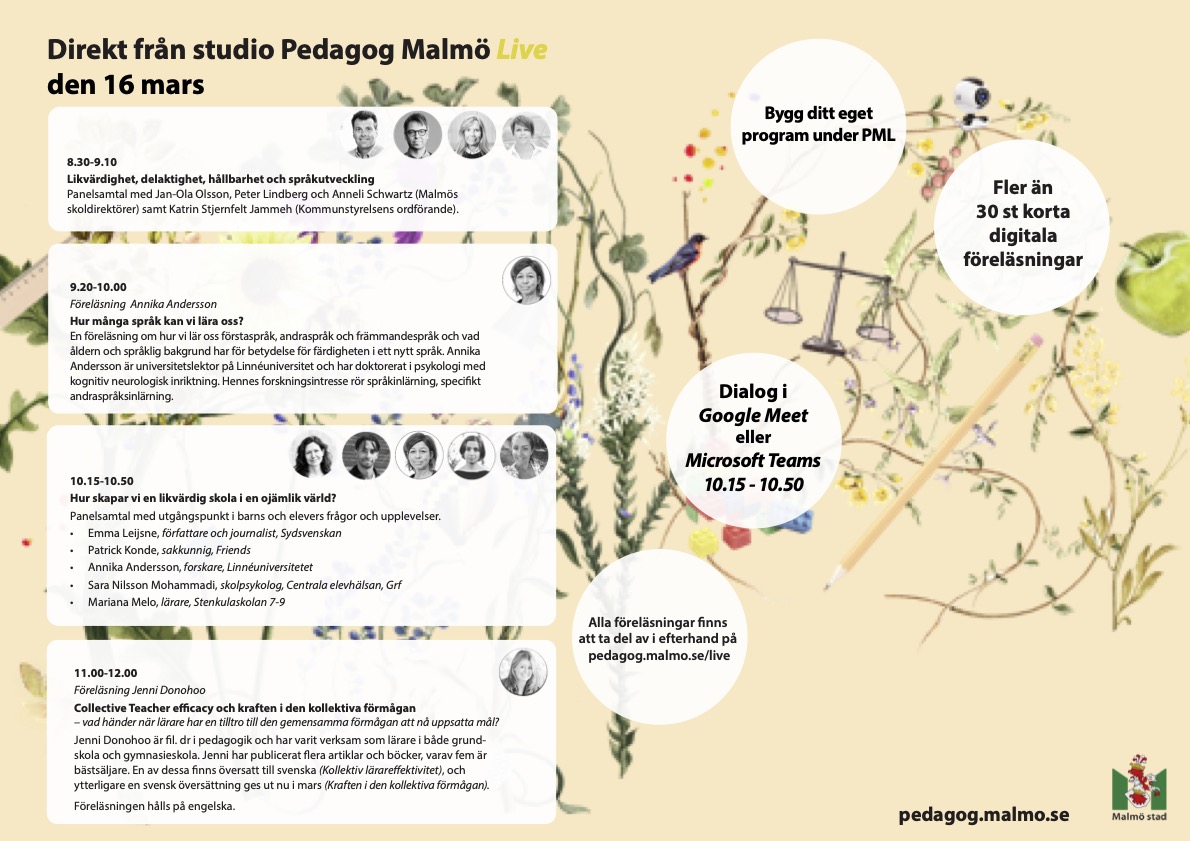 Programmet för Pedagog Malmö lives sändning 16 mars.