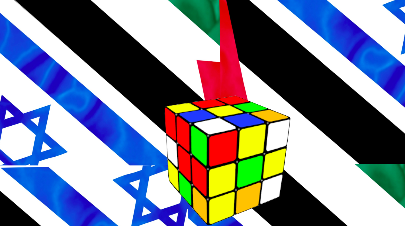 En rubiks kub omgiven av Israels och Palestinas flaggor.