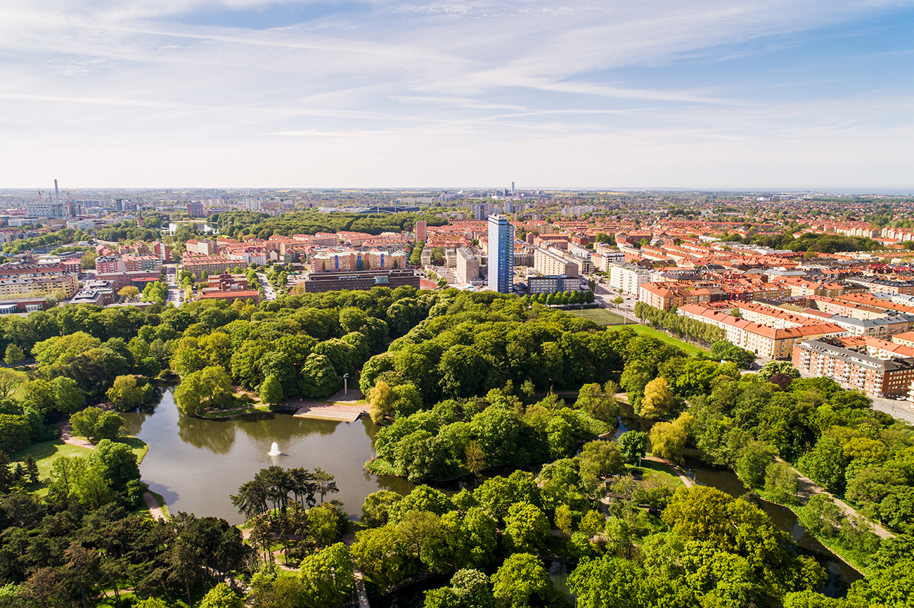 En överblick över malmö, hustak och trädtoppar.