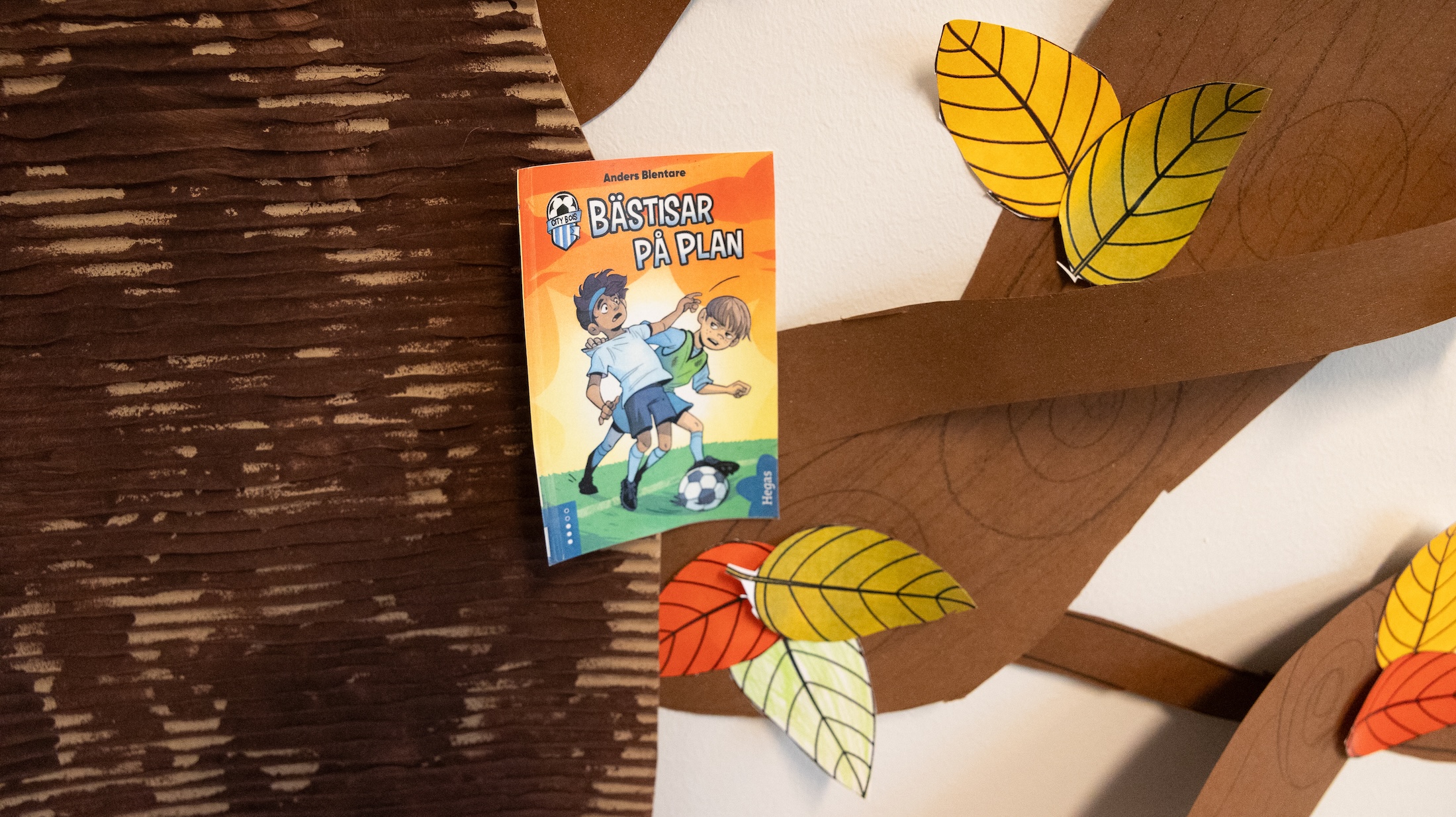 En kopia av omslaget till 'Bästisar på plan' är uppsatt i 'lästrädet' på fritids.