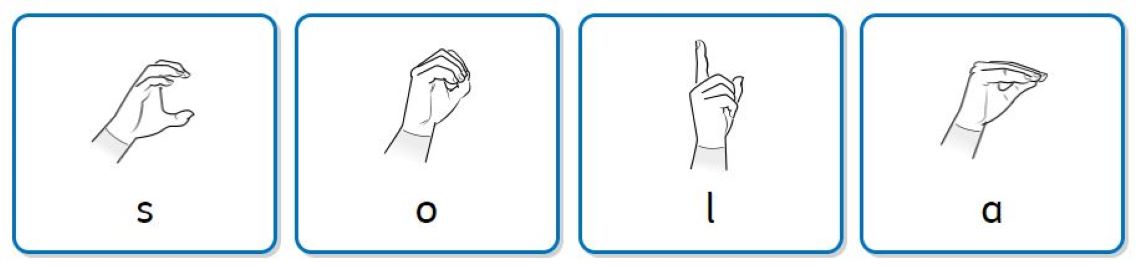 Händer visar tecknen för bokstäverna s, o, l och a.