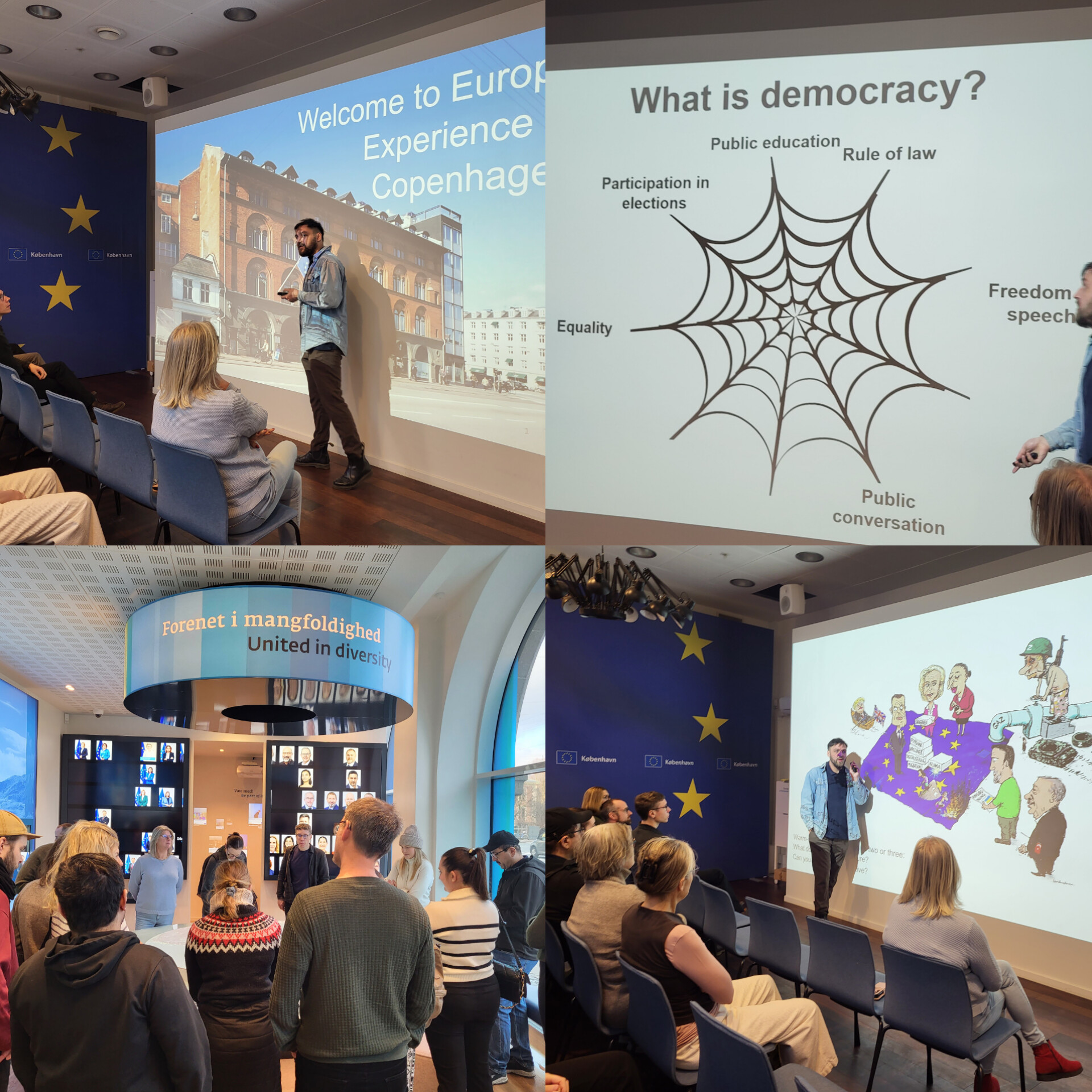 Ett collage med bilder på människor som lyssnar på föreläsning om demokrati.