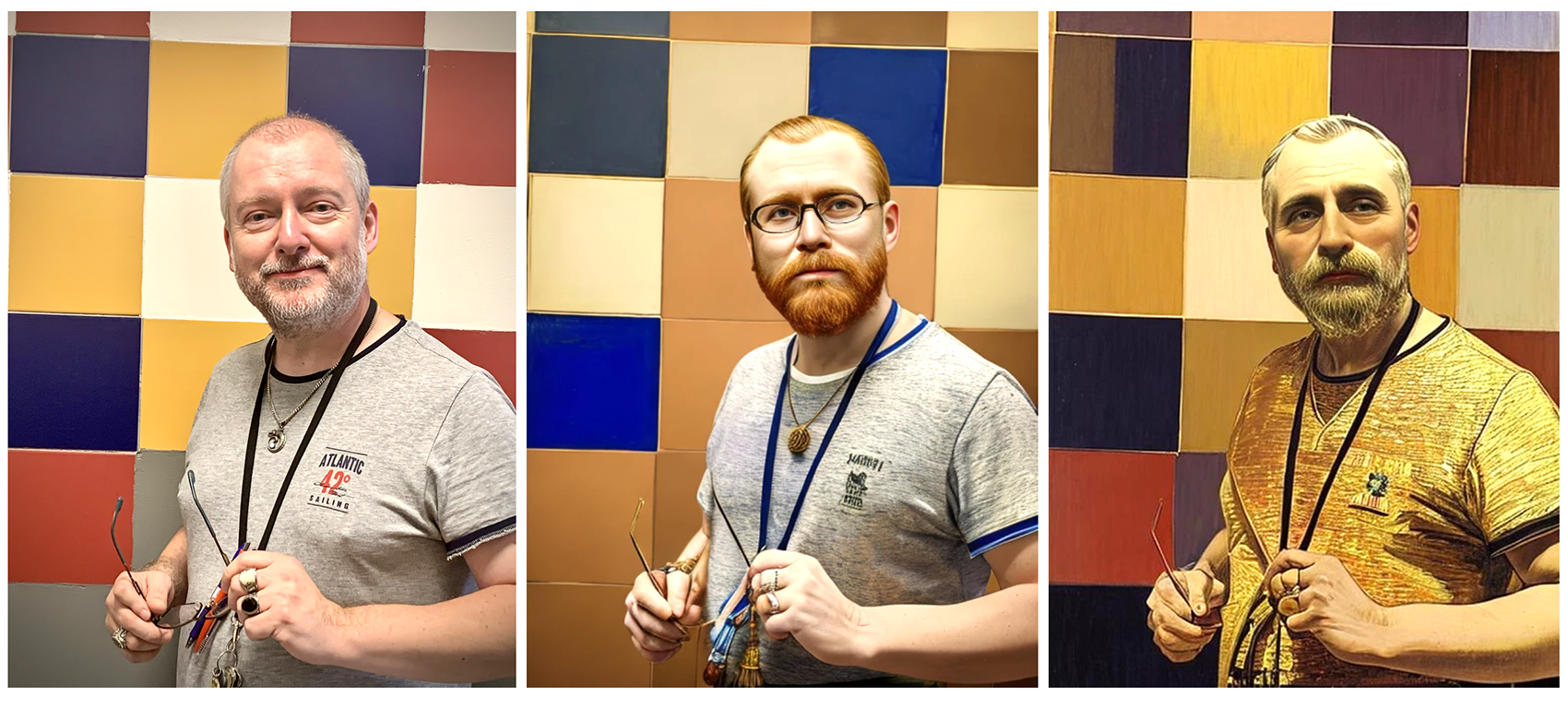 Tre olika versioner av en bild på Ljubomir framtagen av AI.