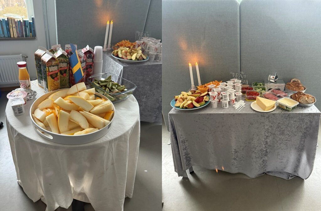 Uppdukad frukostbuffé med bland annat bröd, smör, pålägg och skivad melon.