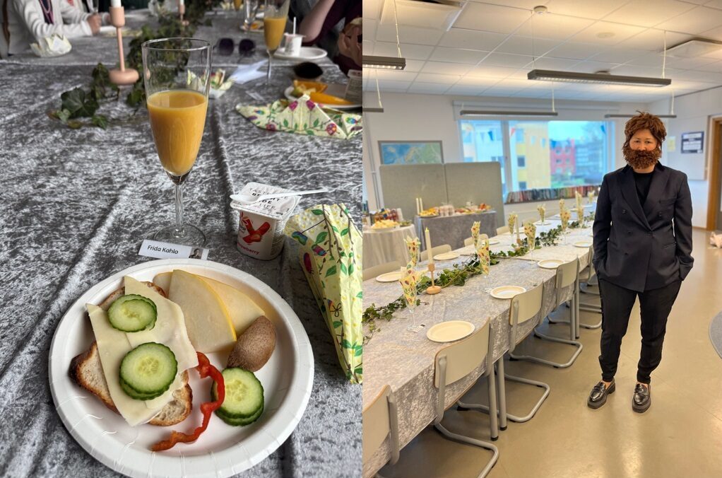 Närbild på en tallrik med en ostsmörgås och en bild på en lärare som klätt ut sig med lösskägg vid ett dukat långbord.