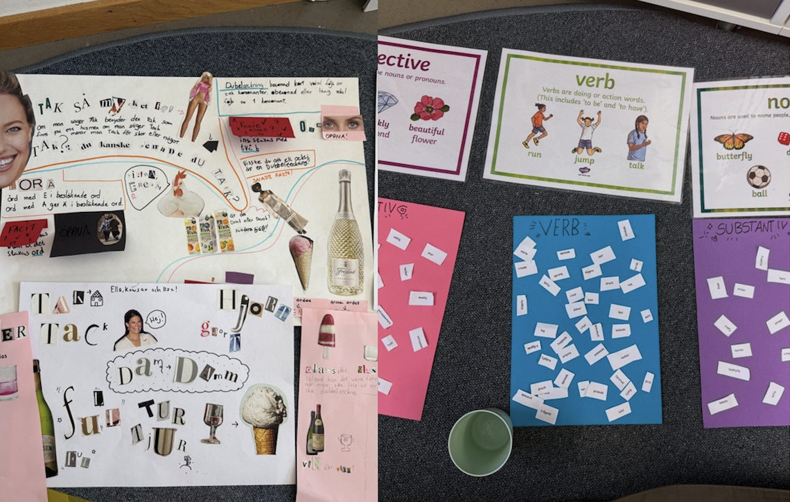 Collage och papper med exempel på adjektiv, verb och substantiv.