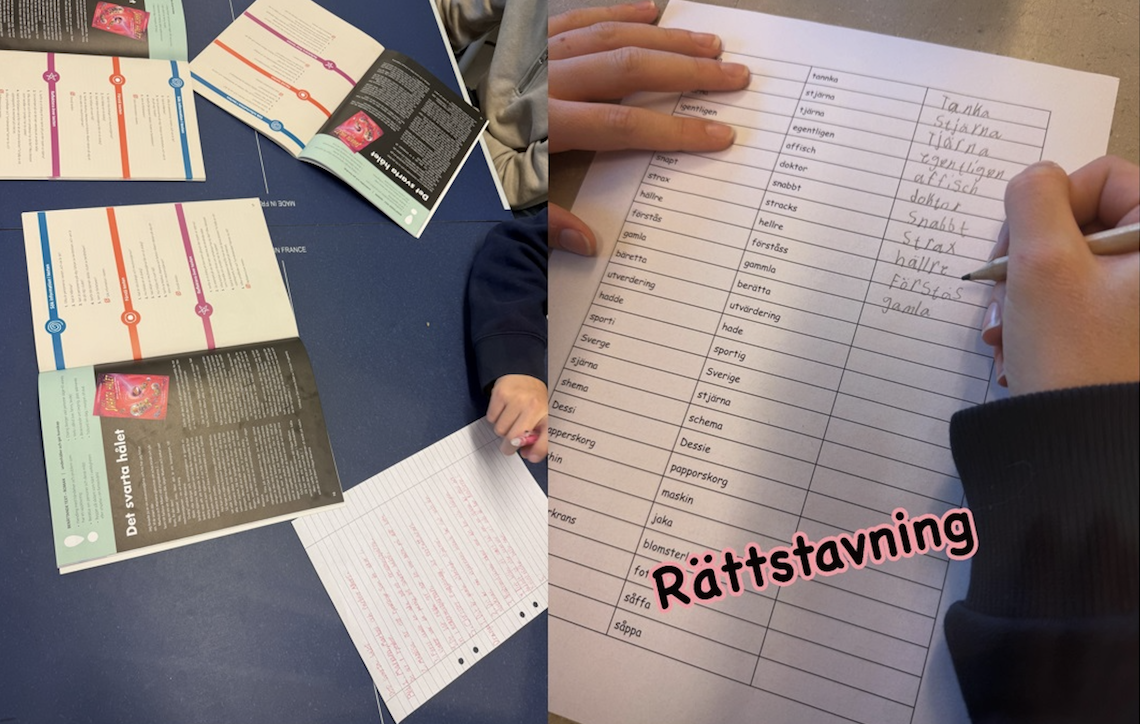 En hand skriver med blyertspenna på ett papper och rättar felstavade ord.