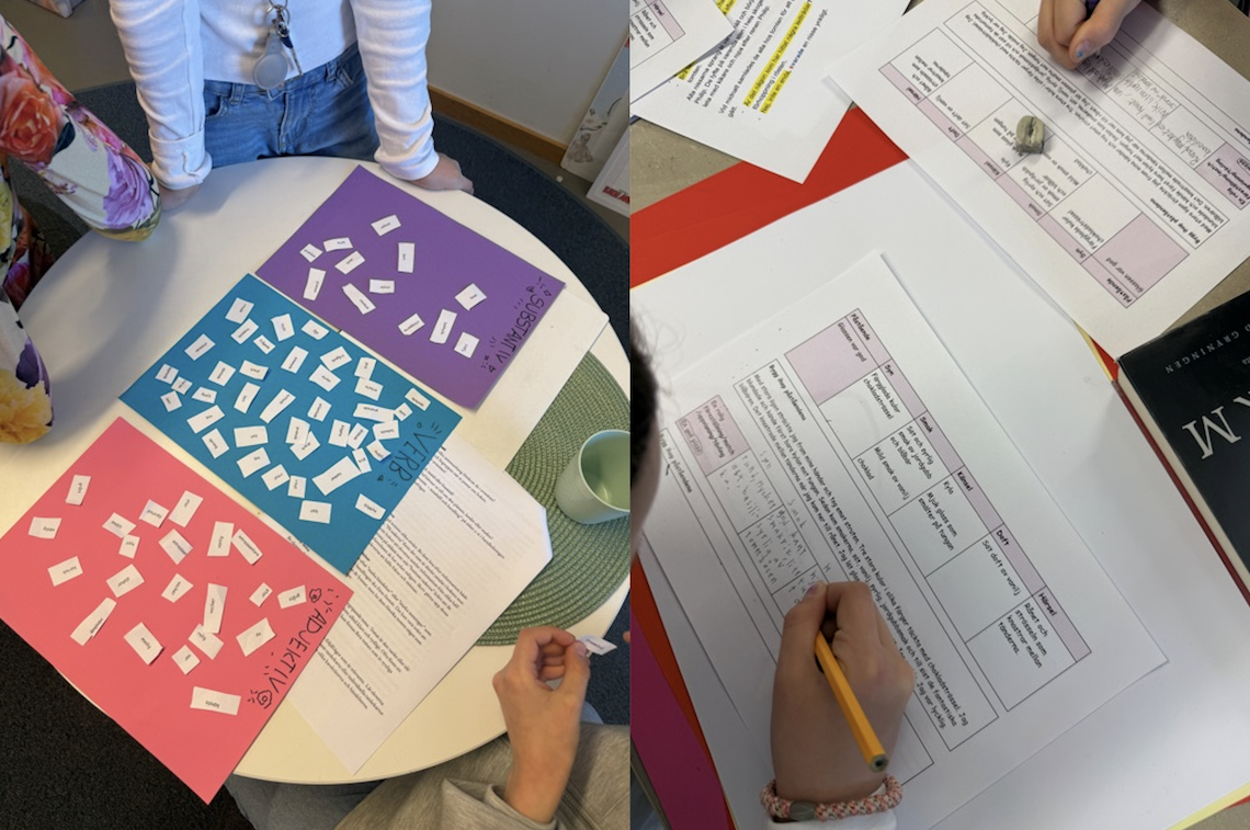 Närbilder på ord sorterade i ordklasser och händer som skriver meningar på ett papper.