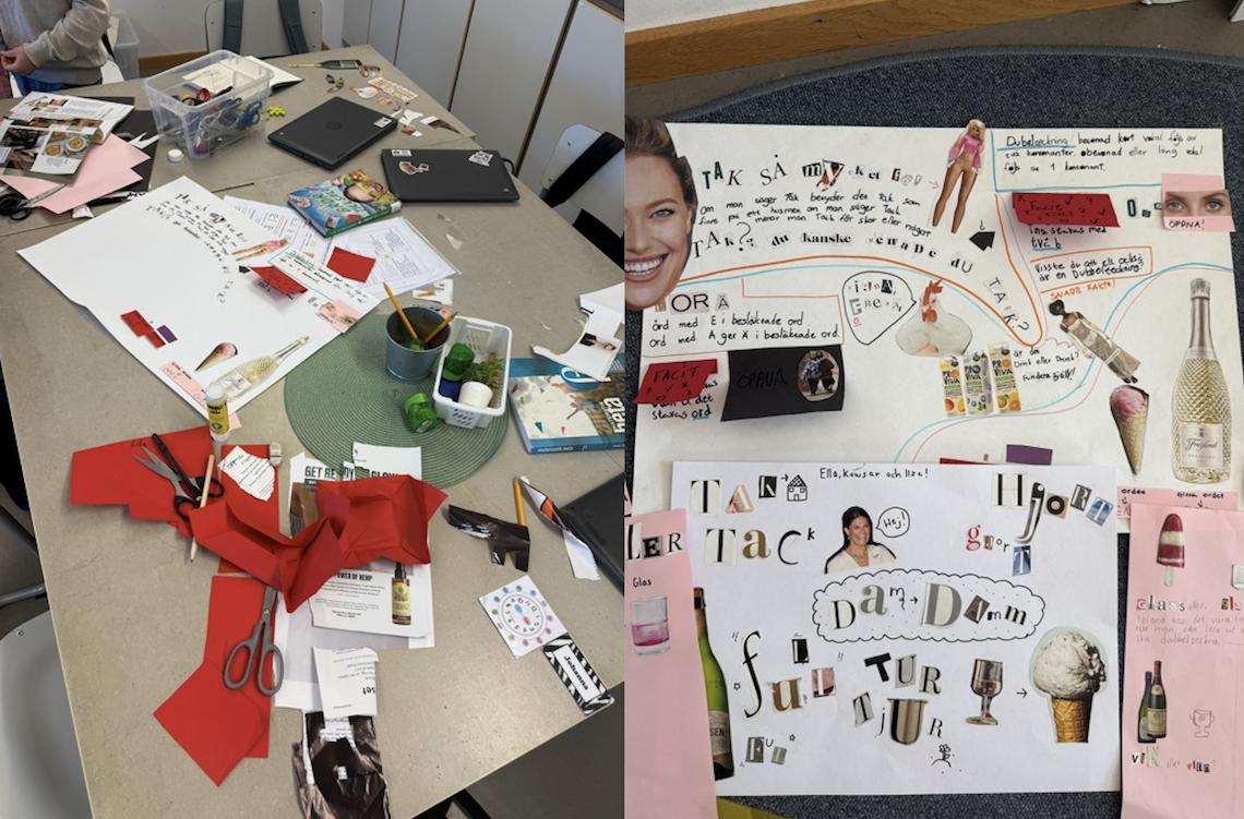 Exempel på affischer i collage-stil som eleverna har gjort.