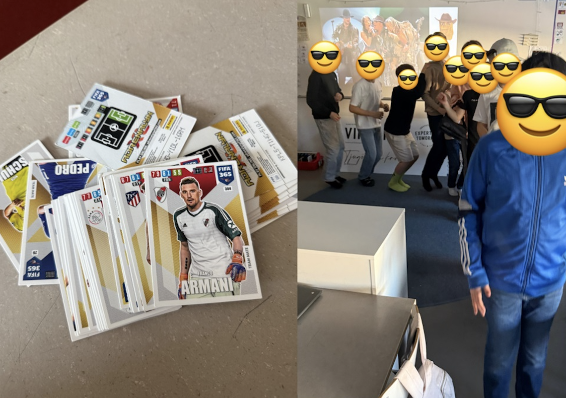 Närbild på hockeykort och elever som dansar i klassrummet.