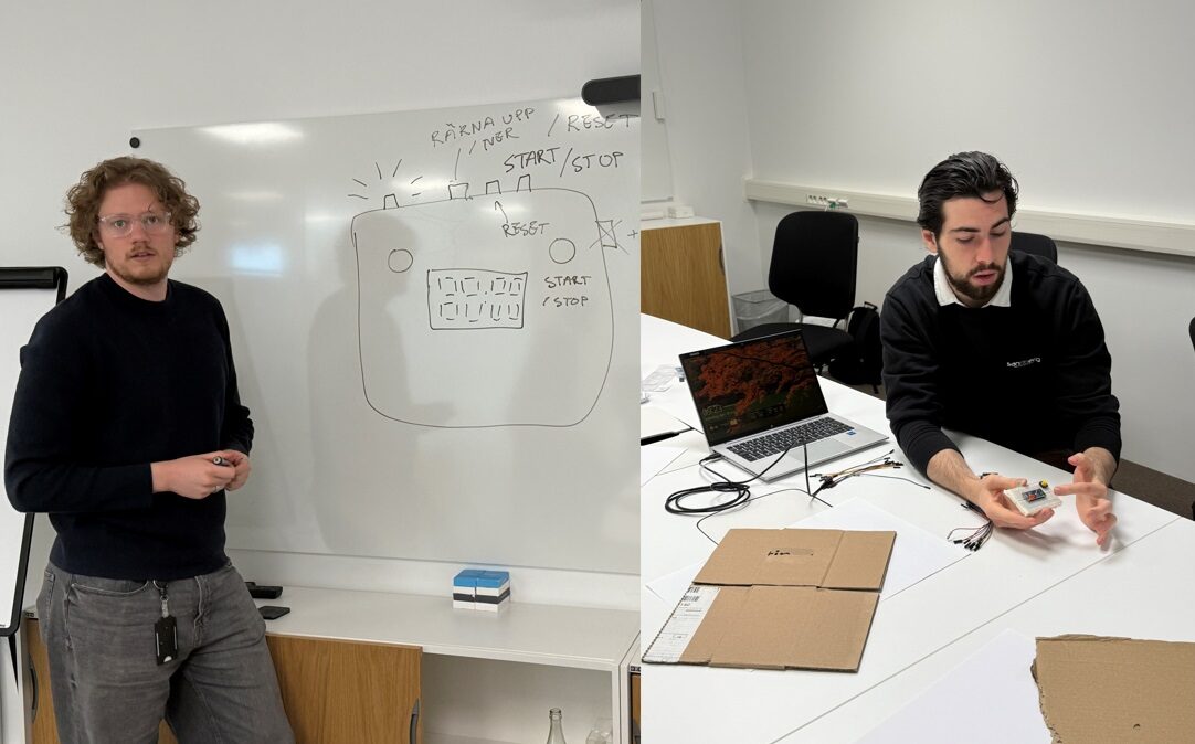 Två personer visar en skiss på en apparat med start och stopp-knappar.