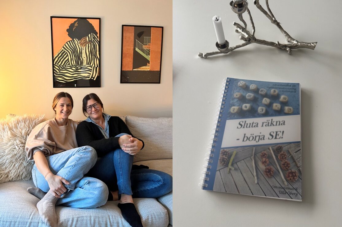 Collage: två personer sitter i en soffa, närbild på matteboken 'Sluta räkna - börja se'.