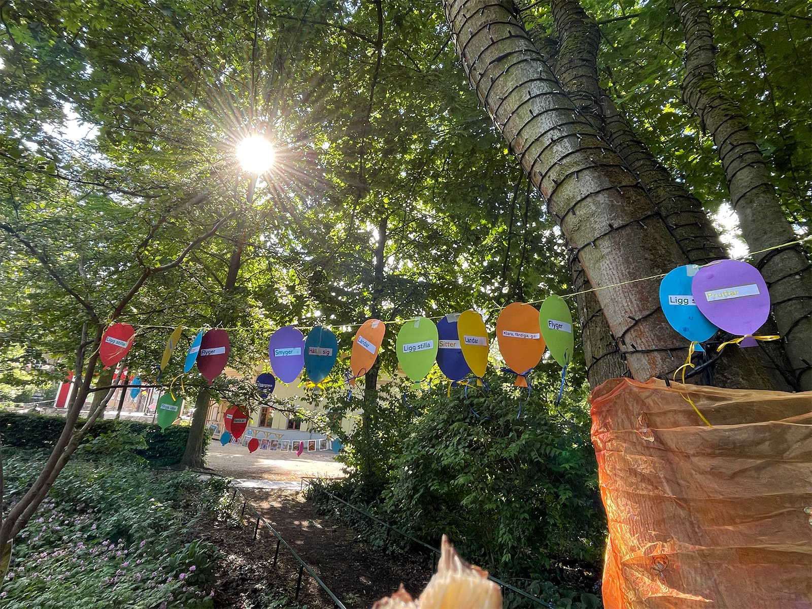 Folkets park, träd och sol. I trädet hänger instruktioner om att sitta, ligga still, flyga och liknande.