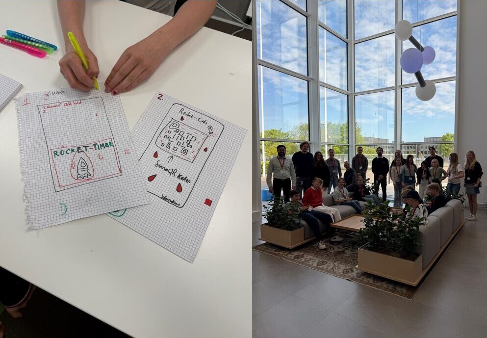 Närbild på skisser på Rocket-timer och en bild där elever och representanter från företaget samlats.