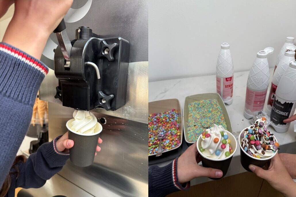 Elever fyller på mjukglass med tillbehör i pappmuggar.