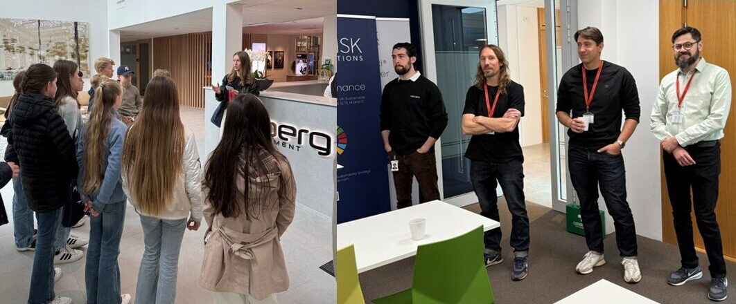 Projektledaren Wendla hälsar eleverna välkomna. På andra bilden fyra ingenjörer.