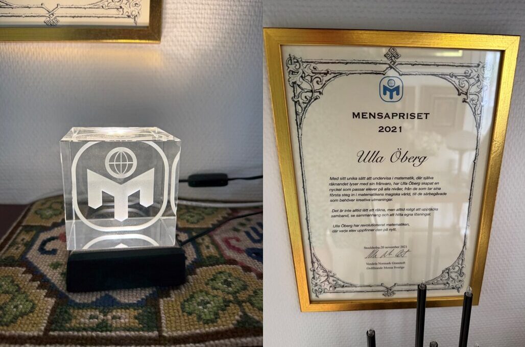 Collage: Ulla Öbergs Mensapris och diplom med guldram från när hon fick priset 2021.