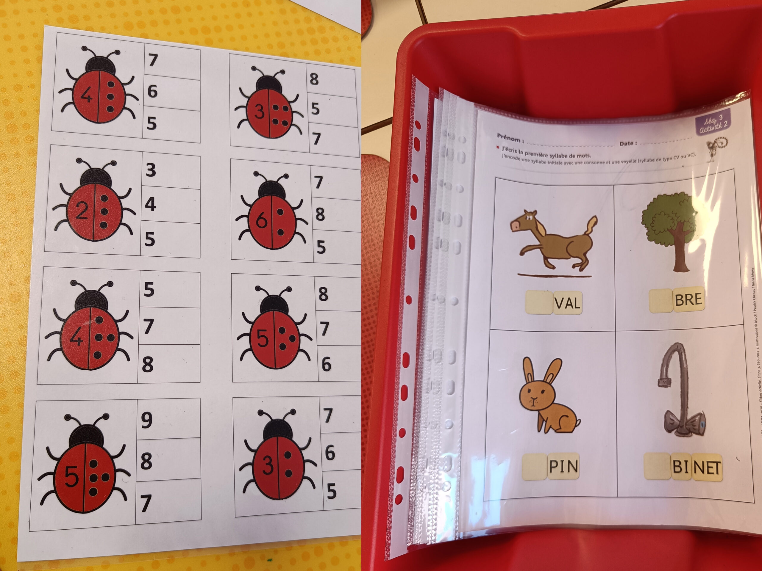 Räkneuppgift och språkövningar med tillhörande bildstöd.