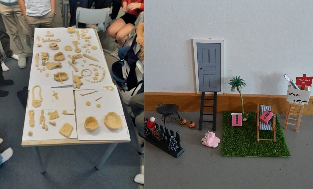 Elevernas egentillverkade arkeologiska fynd i lera och deras uppbyggda trädgårdsmiljö.