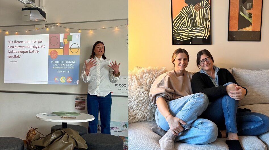 Beata Kull föreläser framför en projicerad presentation. Två personer sitter i en soffa.