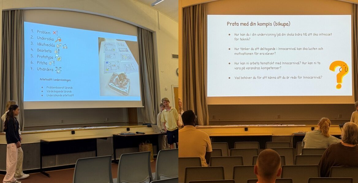 Elever framför projicerade presentationer om arbetsprocessen i InnoCarnival: problem, undersöka, idéutveckla, bearbeta, prototypa, pitcha och utvärdera.