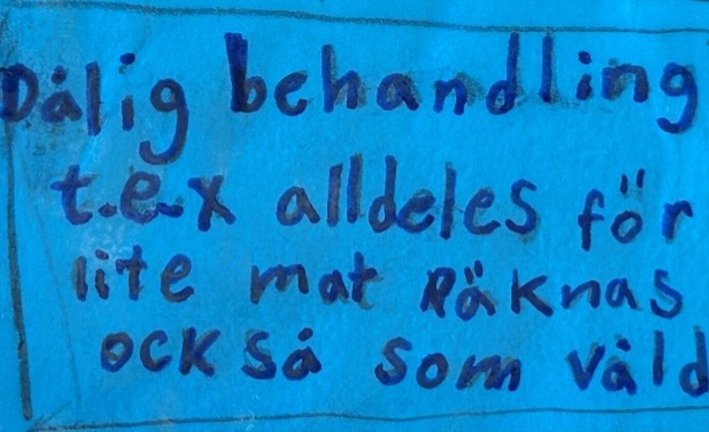 Texten 'Dålig behandling till exempel alldeles för lite mat räknas också som våld'.