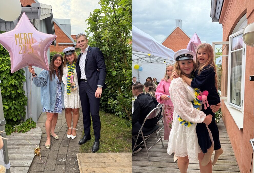 Desirées före detta elever tar studenten och poserar för kameran i en trädgård.