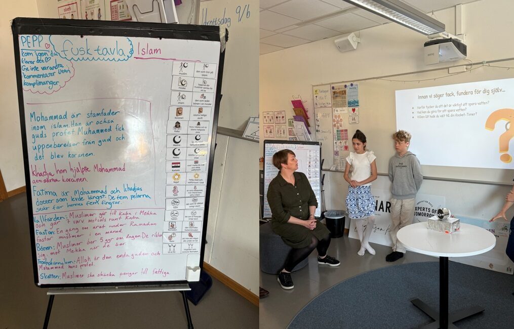 Katrin StjernfeldtJammeh som är på klassrumsbesök lyssnar på elevernas presentation.