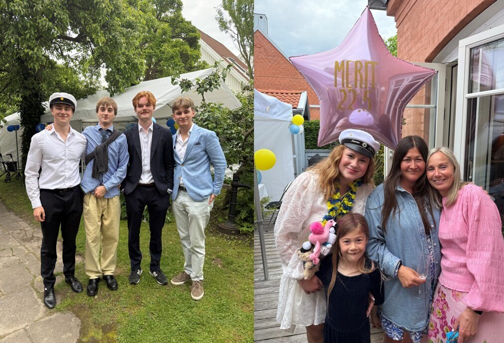 Desirées före detta elever tar studenten och poserar för kameran i en trädgård.